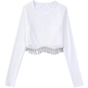 Elegant White Fringe Long Sleeve Top